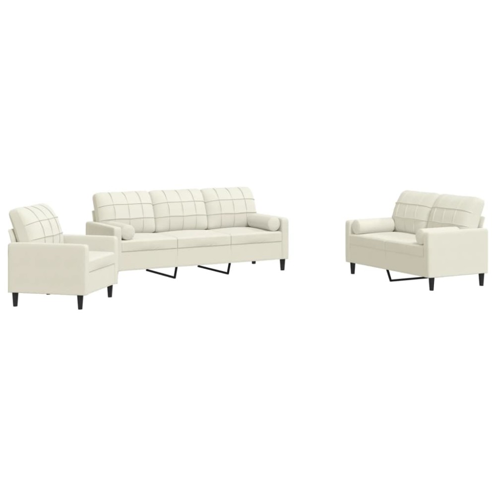 vidaXL Set de canapele cu perne/rulouri, 3 piese, crem, catifea