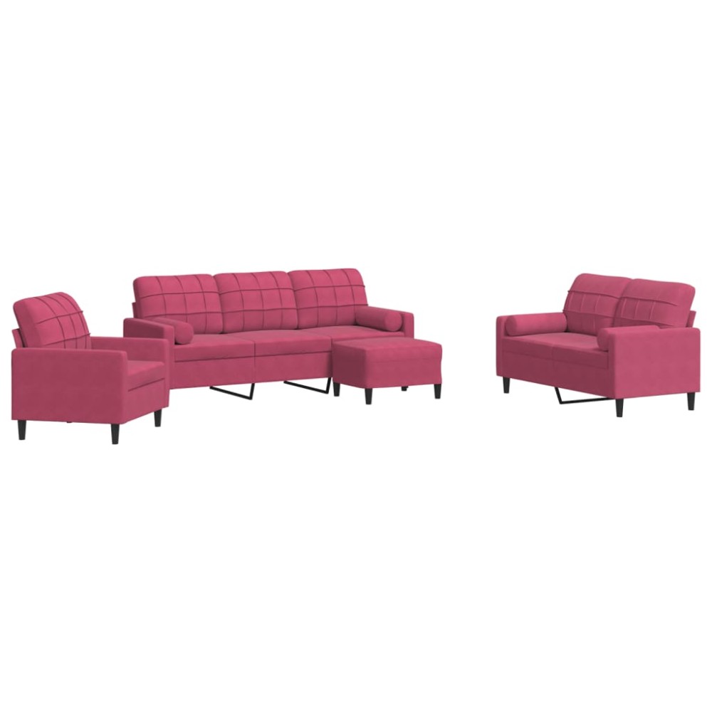 vidaXL Set canapea cu perne/rulouri, 4 piese, roșu vin, catifea