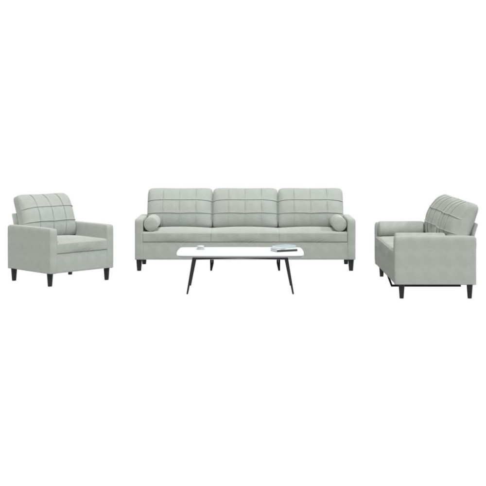 vidaXL Set de canapele cu perne, 3 piese, gri deschis, catifea
