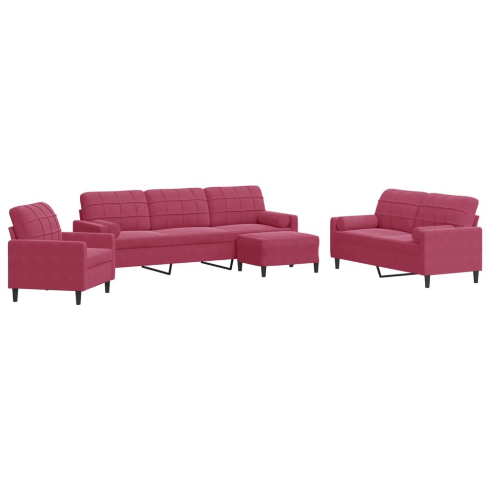 vidaXL Set canapea cu perne/rulouri, 4 piese, roșu vin, catifea