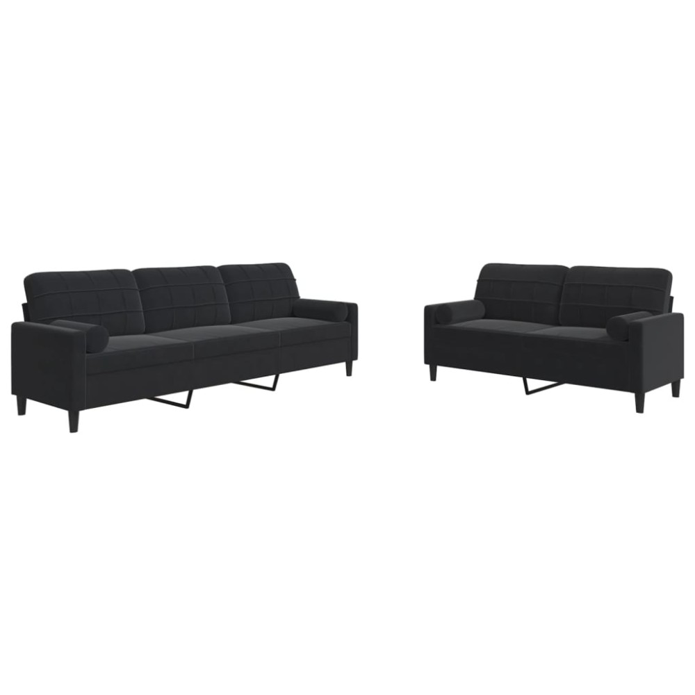 vidaXL Set de canapele cu perne/rulouri, 2 piese, negru, catifea