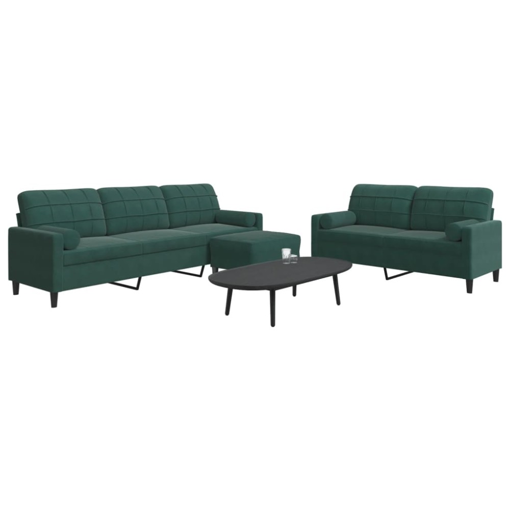 vidaXL Set canapele cu perne/rulouri, 3 piese, verde închis, catifea