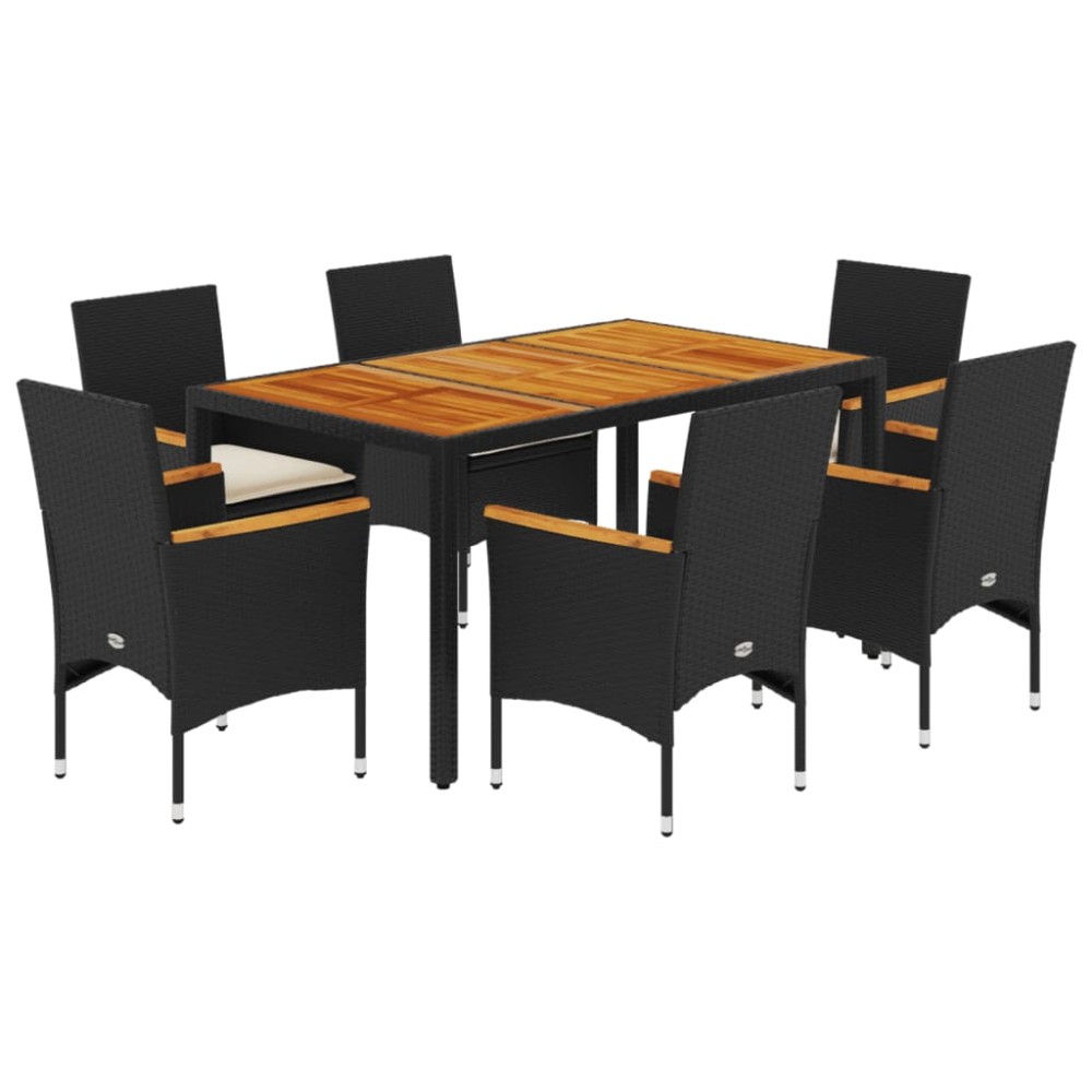 vidaXL Set mobilier grădină perne 7 piese negru poliratan/lemn acacia