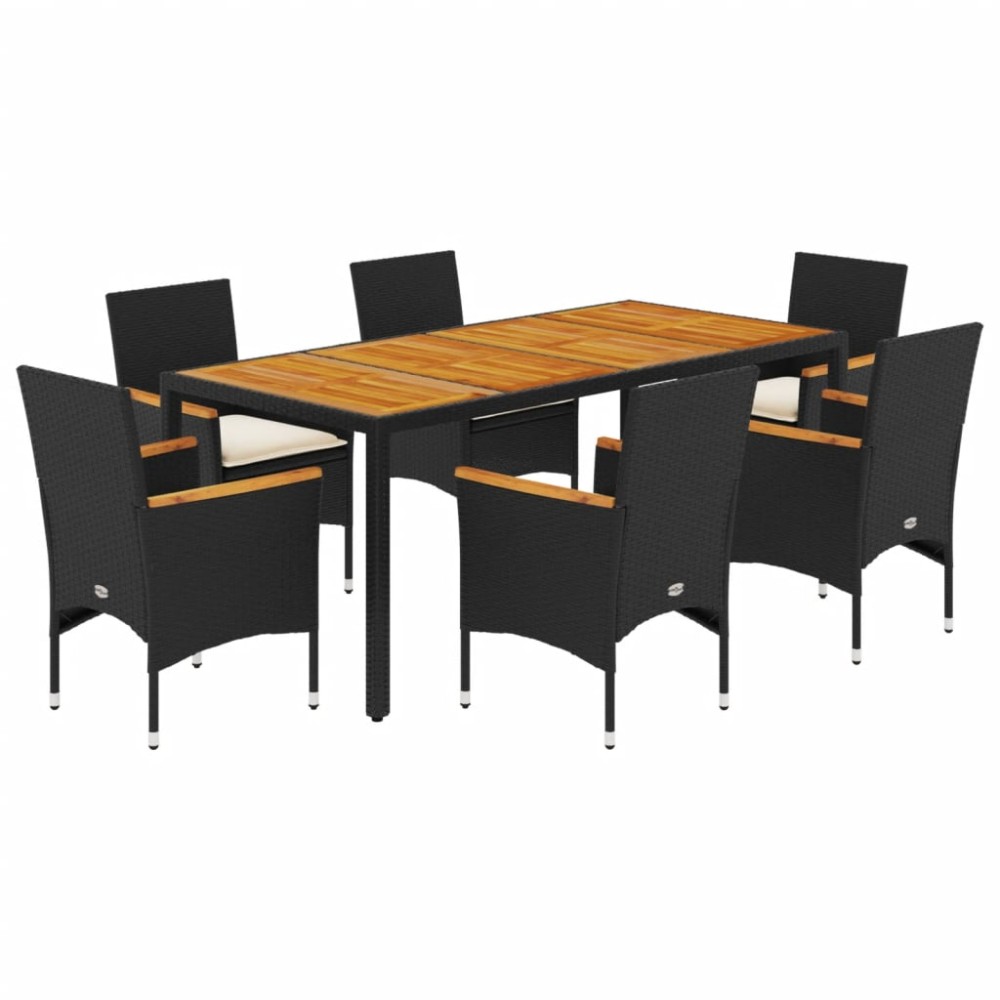 vidaXL Set mobilier grădină perne 7 piese negru poliratan/lemn acacia