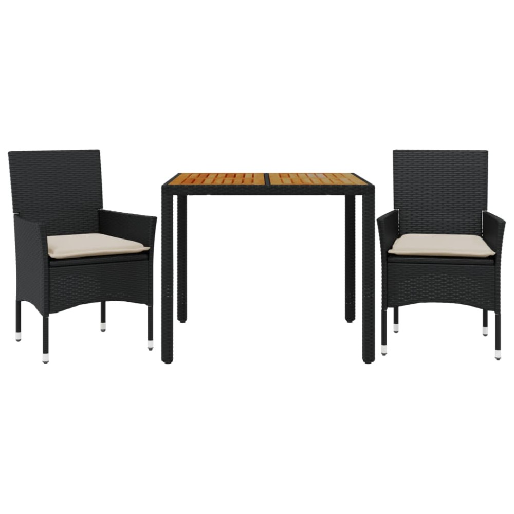 vidaXL Set mobilier grădină perne 3 piese negru poliratan/lemn acacia