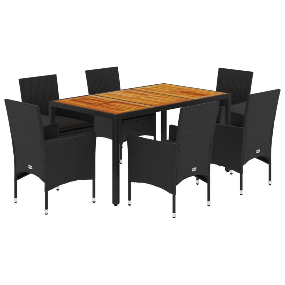 vidaXL Set mobilier grădină perne 7 piese negru poliratan/lemn acacia