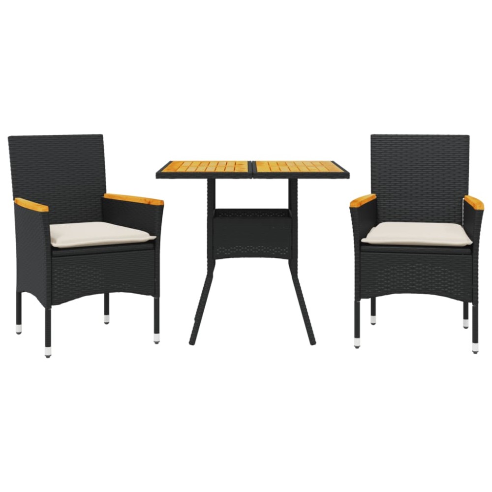 vidaXL Set mobilier grădină perne 3 piese negru poliratan/lemn acacia