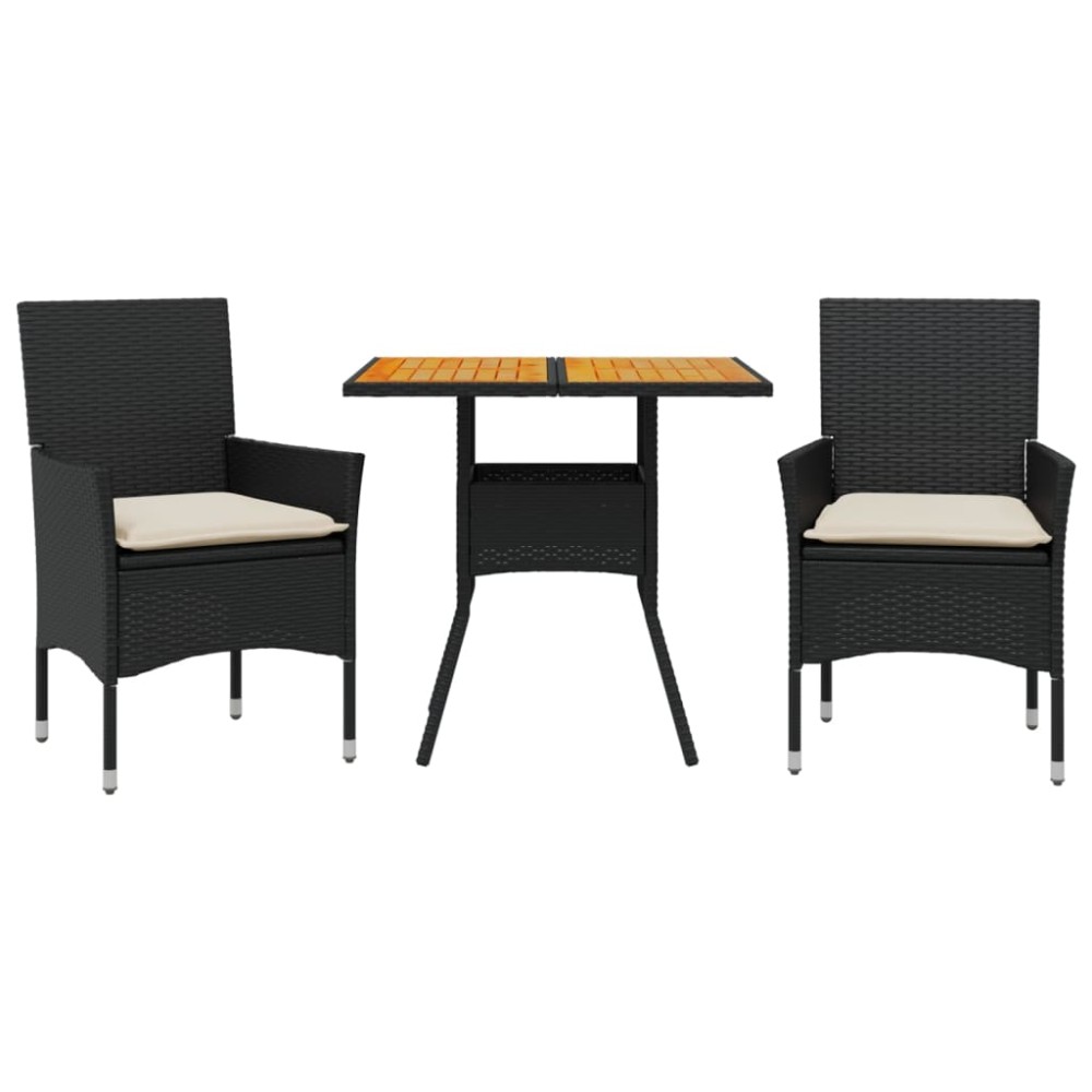 vidaXL Set mobilier grădină perne 3 piese negru poliratan/lemn acacia