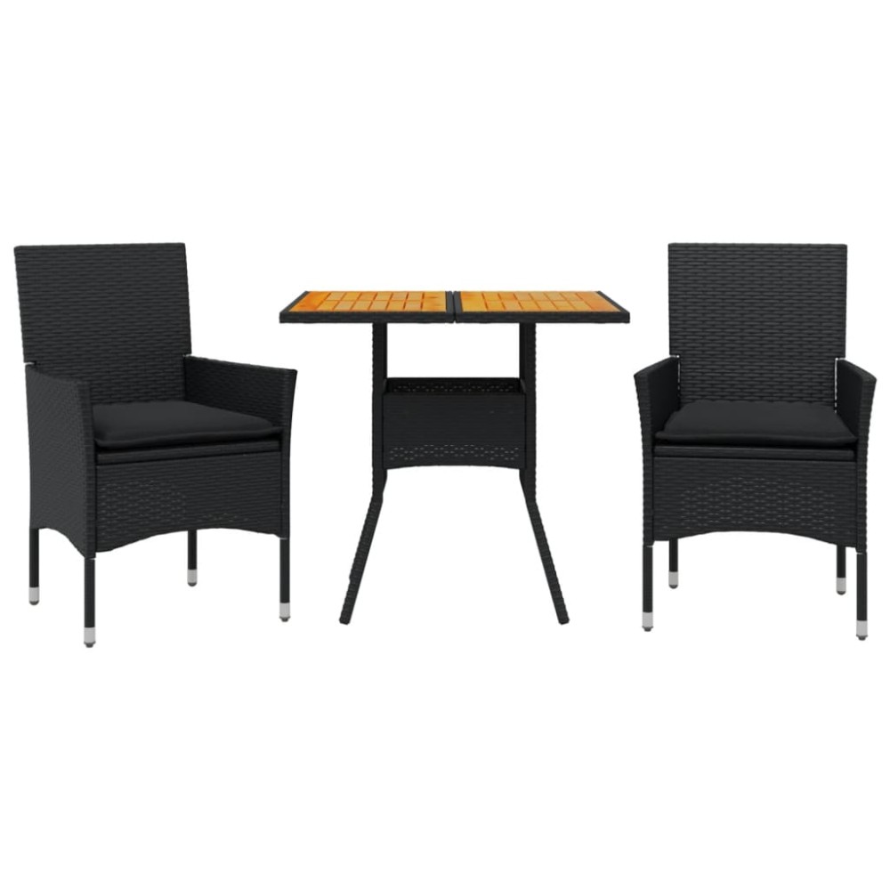 vidaXL Set mobilier grădină perne 3 piese negru poliratan/lemn acacia