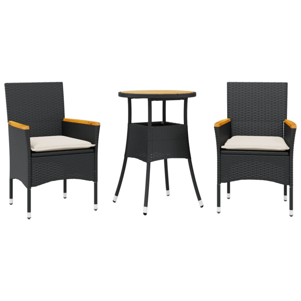 vidaXL Set mobilier grădină perne 3 piese negru poliratan/lemn acacia