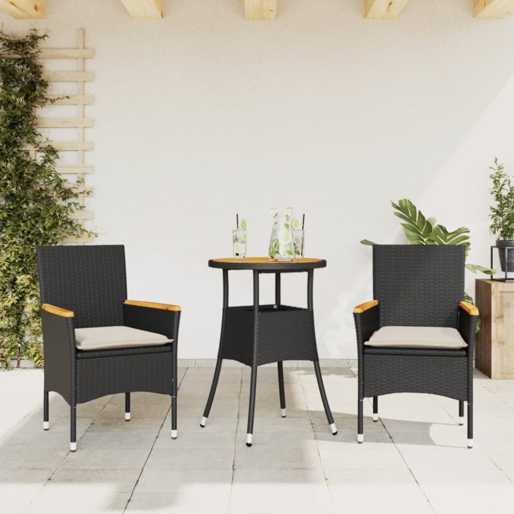 vidaXL Set mobilier grădină perne 3 piese negru poliratan/lemn acacia