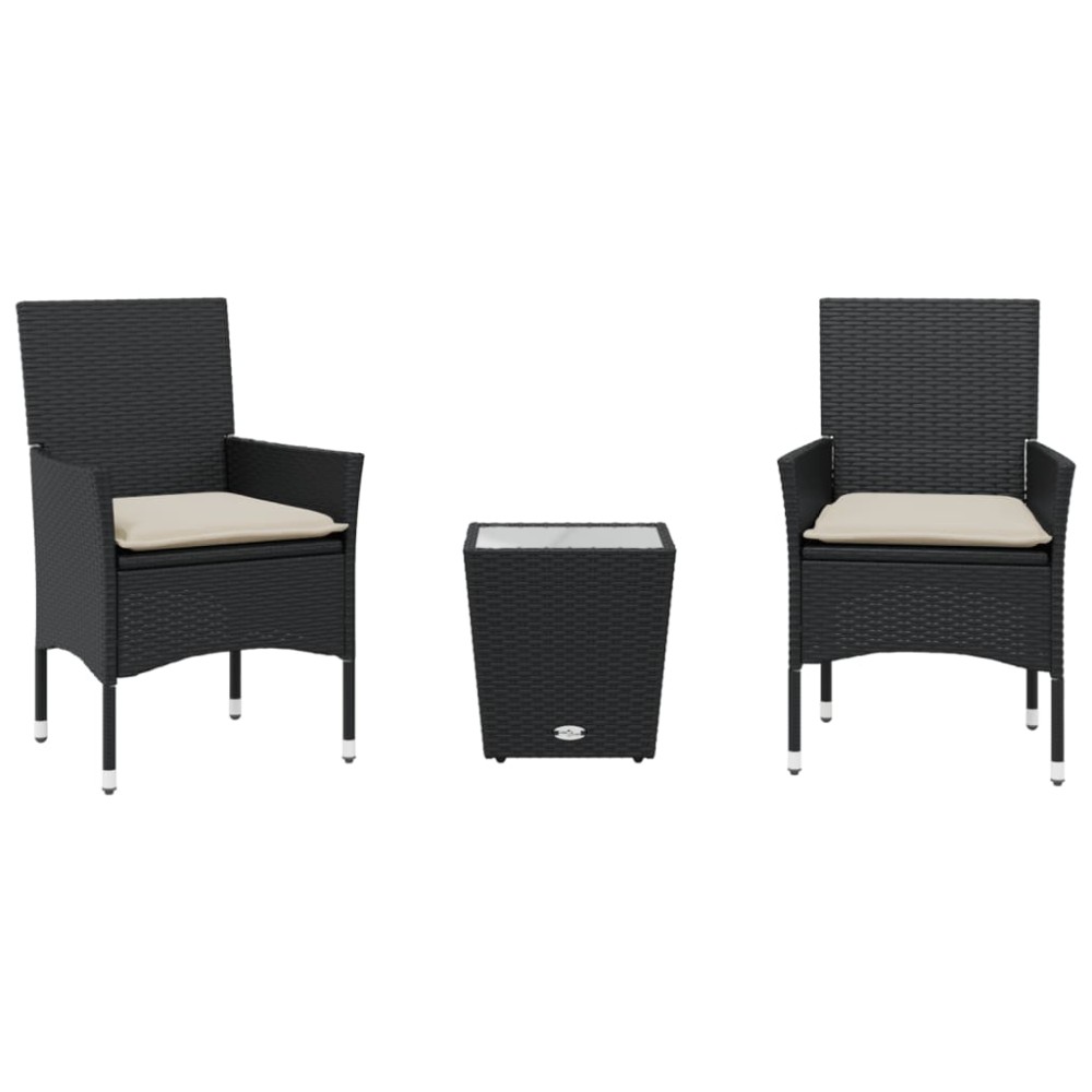 vidaXL Set bistro cu perne, 3 piese, negru, poliratan și sticlă