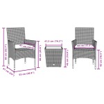 vidaXL Set bistro cu perne, 3 piese, negru, poliratan și sticlă