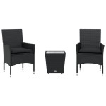vidaXL Set bistro cu perne, 3 piese, negru, poliratan și sticlă vidaXL Set bistro cu perne, 3 piese, negru, poliratan și sticlă