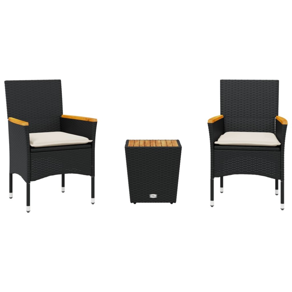 vidaXL Set bistro cu perne, 3 piese, negru, poliratan și sticlă