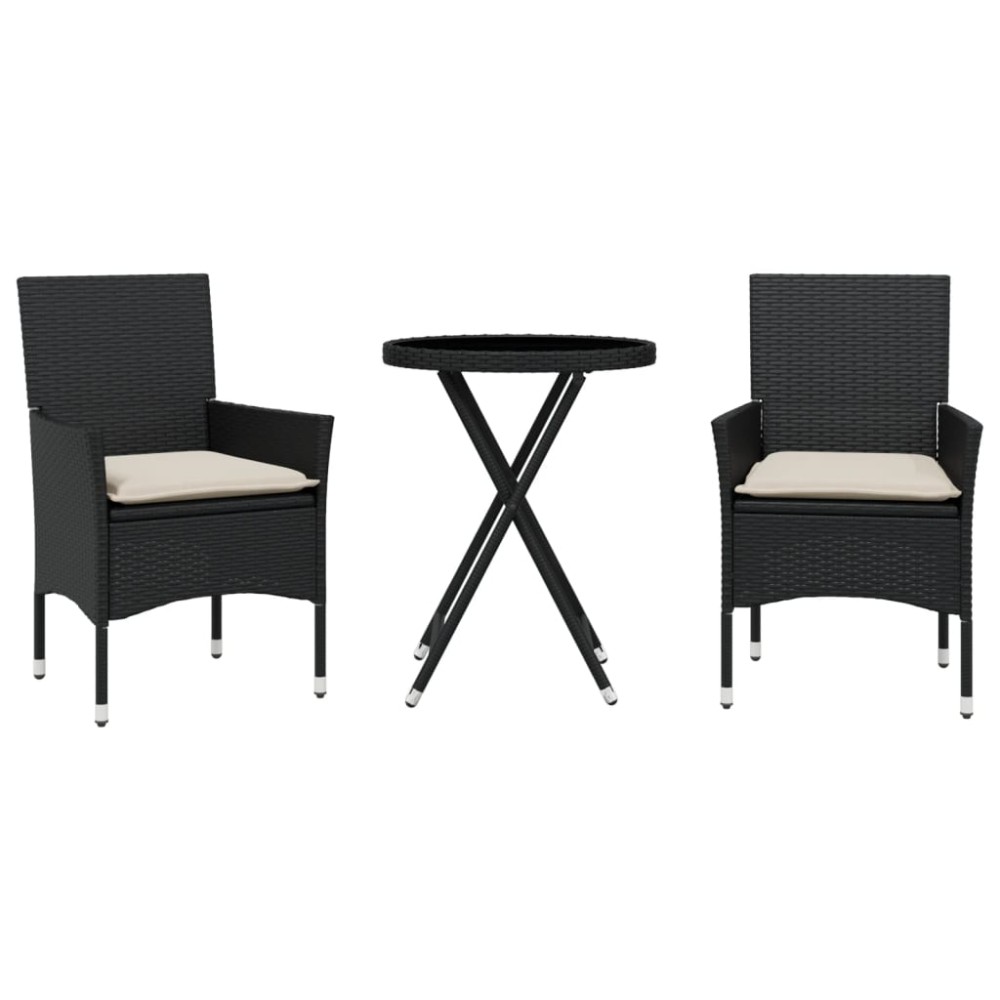 vidaXL Set bistro cu perne, 3 piese, negru, poliratan și sticlă