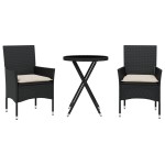 vidaXL Set bistro cu perne, 3 piese, negru, poliratan și sticlă