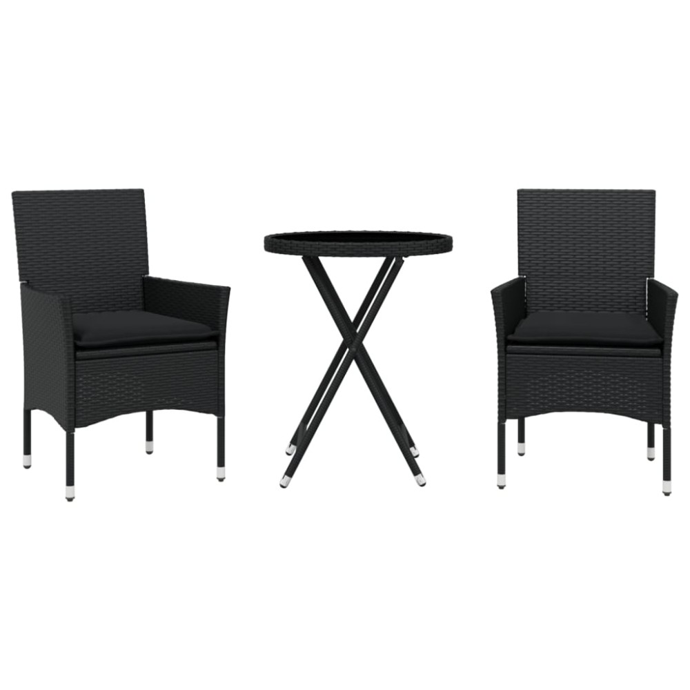 vidaXL Set bistro cu perne, 3 piese, negru, poliratan și sticlă