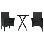 vidaXL Set bistro cu perne, 3 piese, negru, poliratan și sticlă vidaXL Set bistro cu perne, 3 piese, negru, poliratan și sticlă