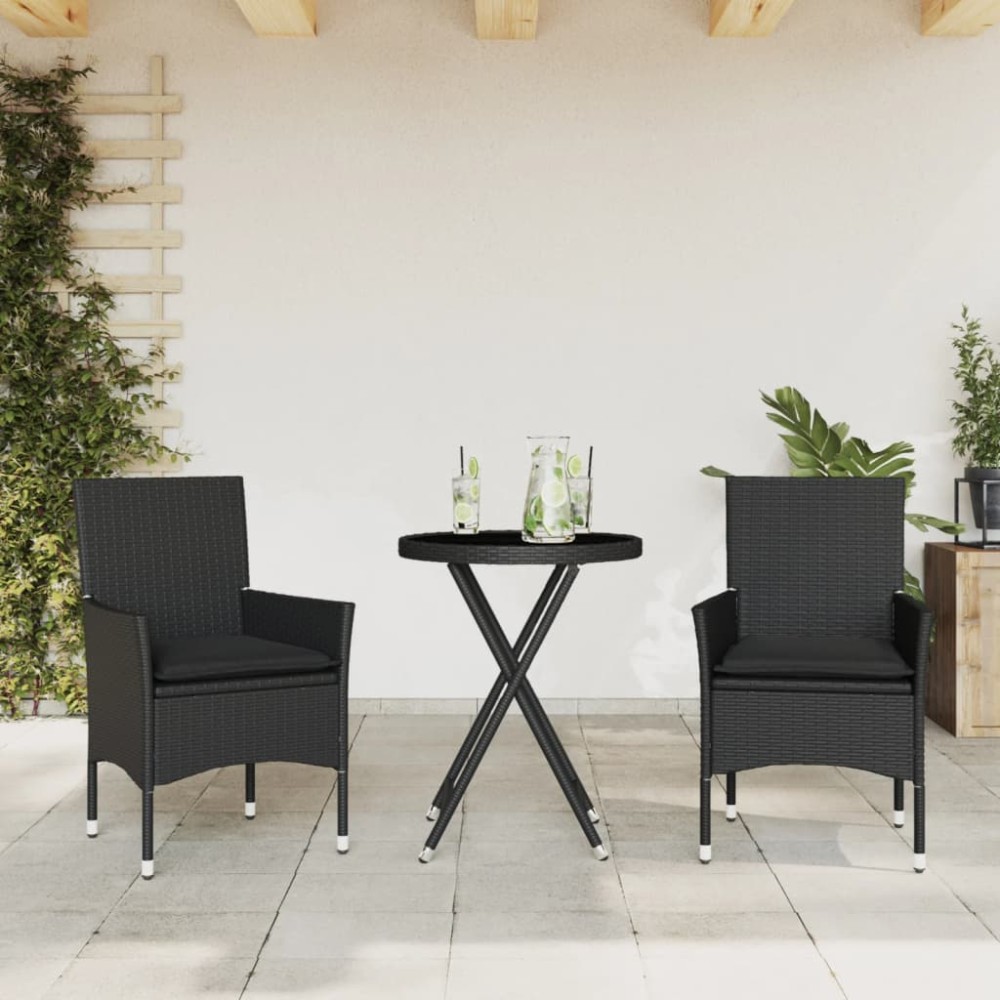 vidaXL Set bistro cu perne, 3 piese, negru, poliratan și sticlă
