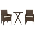 vidaXL Set bistro cu perne, 3 piese, maro, poliratan și sticlă
