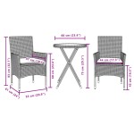 vidaXL Set bistro cu perne, 3 piese, maro, poliratan și sticlă