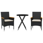 vidaXL Set bistro cu perne, 3 piese, negru, poliratan și sticlă