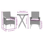 vidaXL Set bistro cu perne, 3 piese, negru, poliratan și sticlă