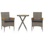 vidaXL Set bistro cu perne, 3 piese, gri, poliratan și lemn acacia