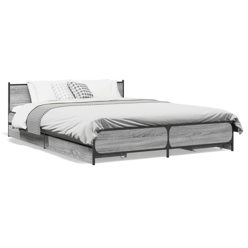vidaXL Cadru de pat cu sertare, gri sonoma, 135x190 cm, lemn prelucrat