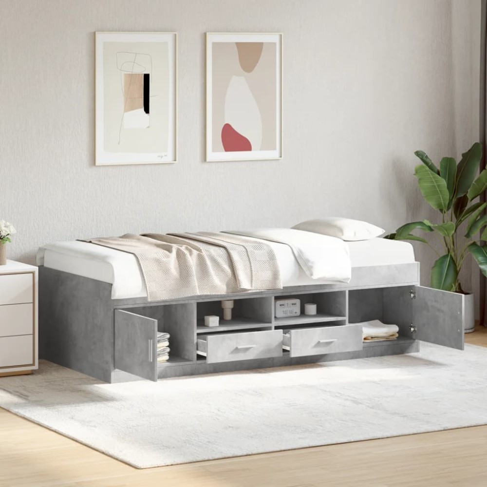 vidaXL Pat de zi cu sertare fără saltea, gri beton, 90x200 cm