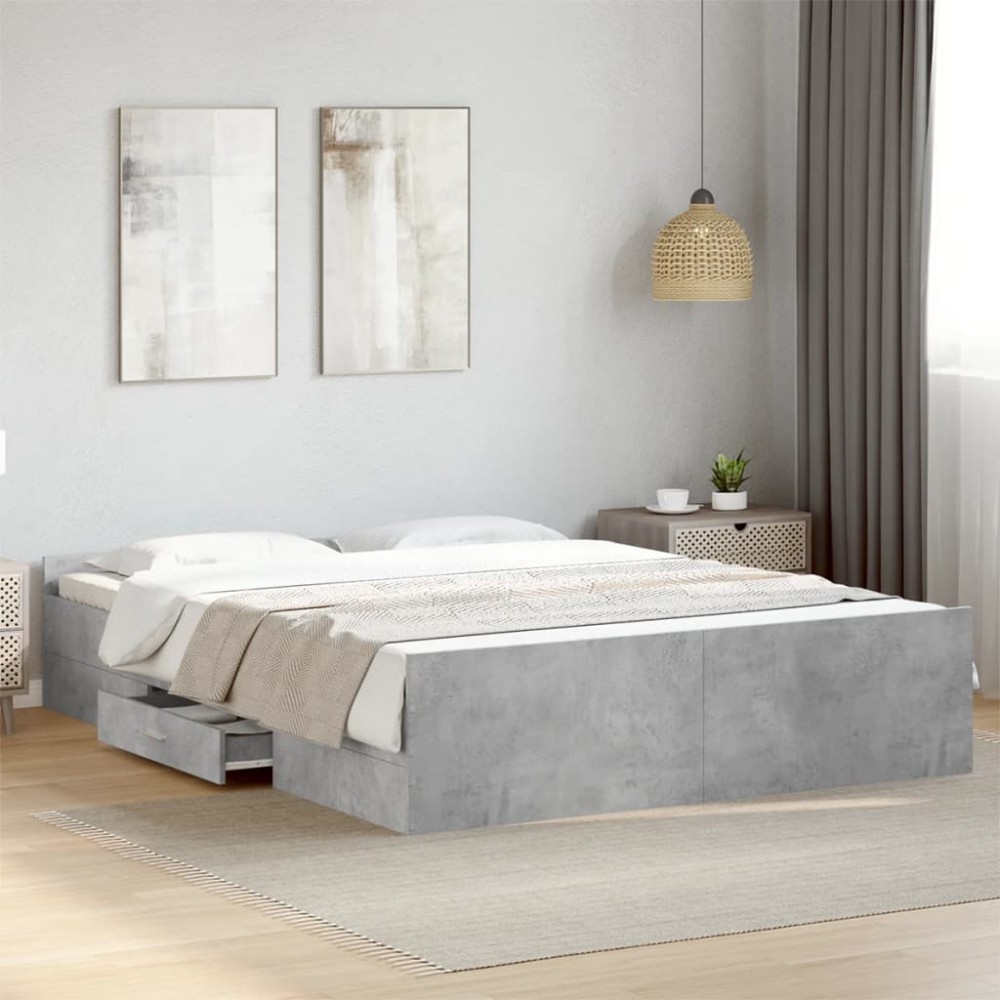 vidaXL Cadru de pat cu sertare, gri beton, 140x200 cm, lemn prelucrat