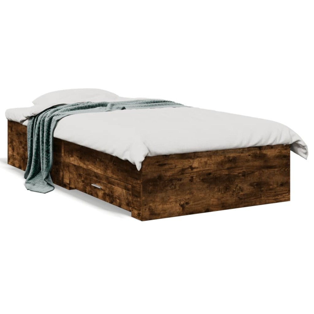 vidaXL Cadru de pat cu sertare stejar fumuriu 90x190 cm lemn prelucrat
