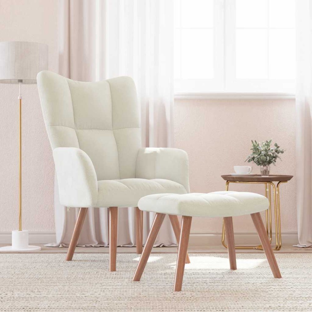 vidaXL Scaun de relaxare cu taburet, alb crem, catifea