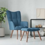 vidaXL Scaun de relaxare cu taburet, albastru, catifea vidaXL Scaun de relaxare cu taburet, albastru, catifea