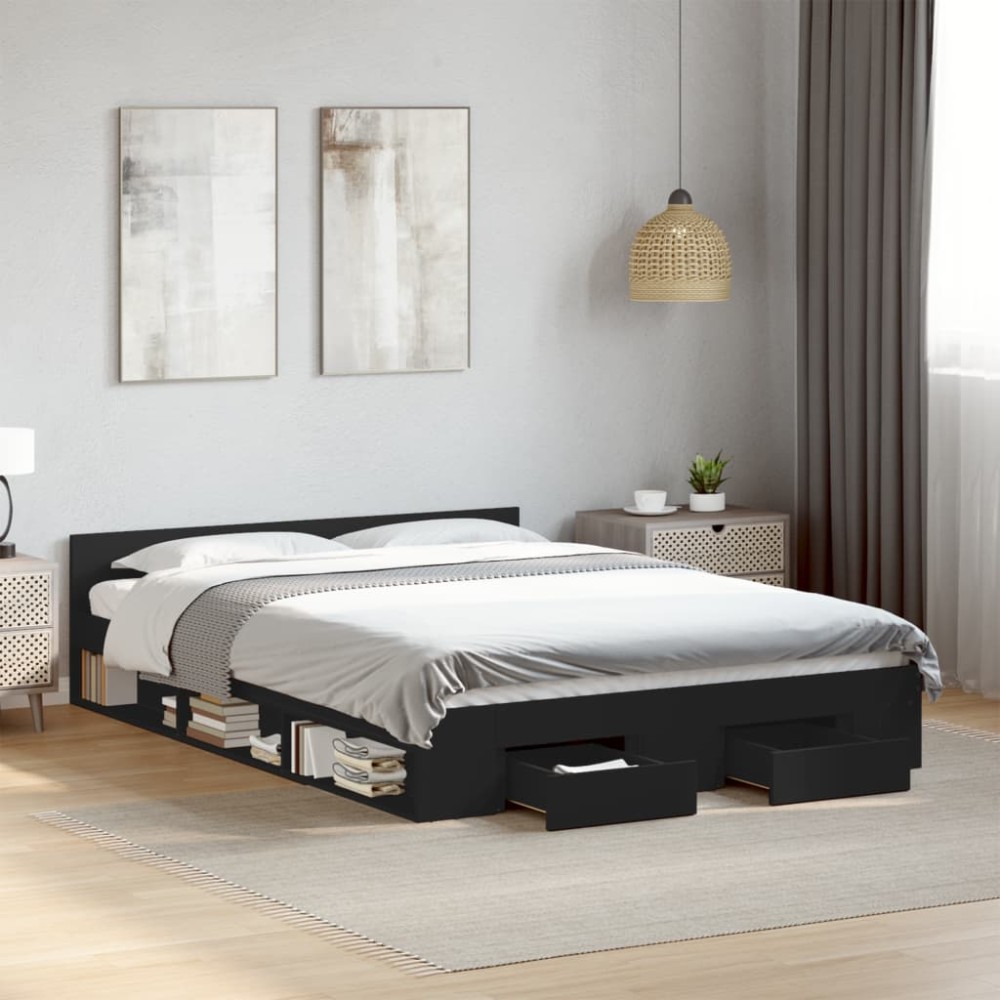 vidaXL Cadru de pat cu sertare, negru, 120x190 cm, lemn prelucrat