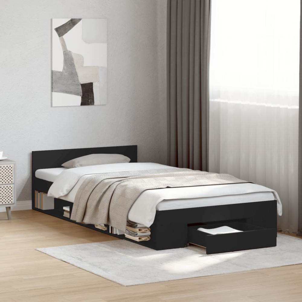 vidaXL Cadru de pat cu sertar, negru, 90x190 cm, lemn prelucrat