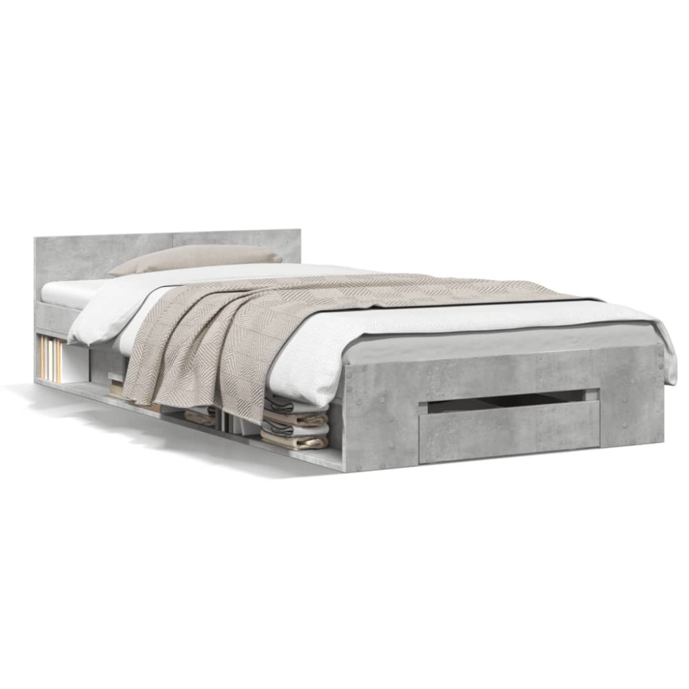 vidaXL Cadru de pat cu sertar, gri beton, 90x190 cm, lemn prelucrat