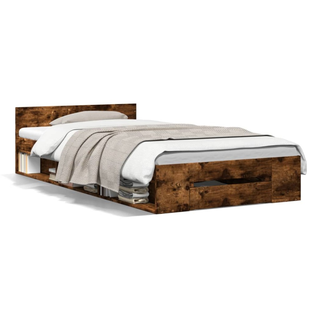 vidaXL Cadru de pat cu sertar stejar fumuriu 90x190 cm lemn prelucrat