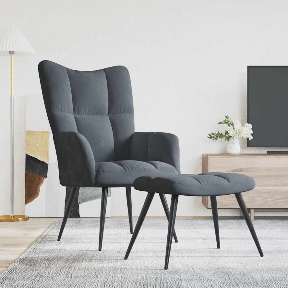 vidaXL Scaun de relaxare cu taburet, gri închis, catifea