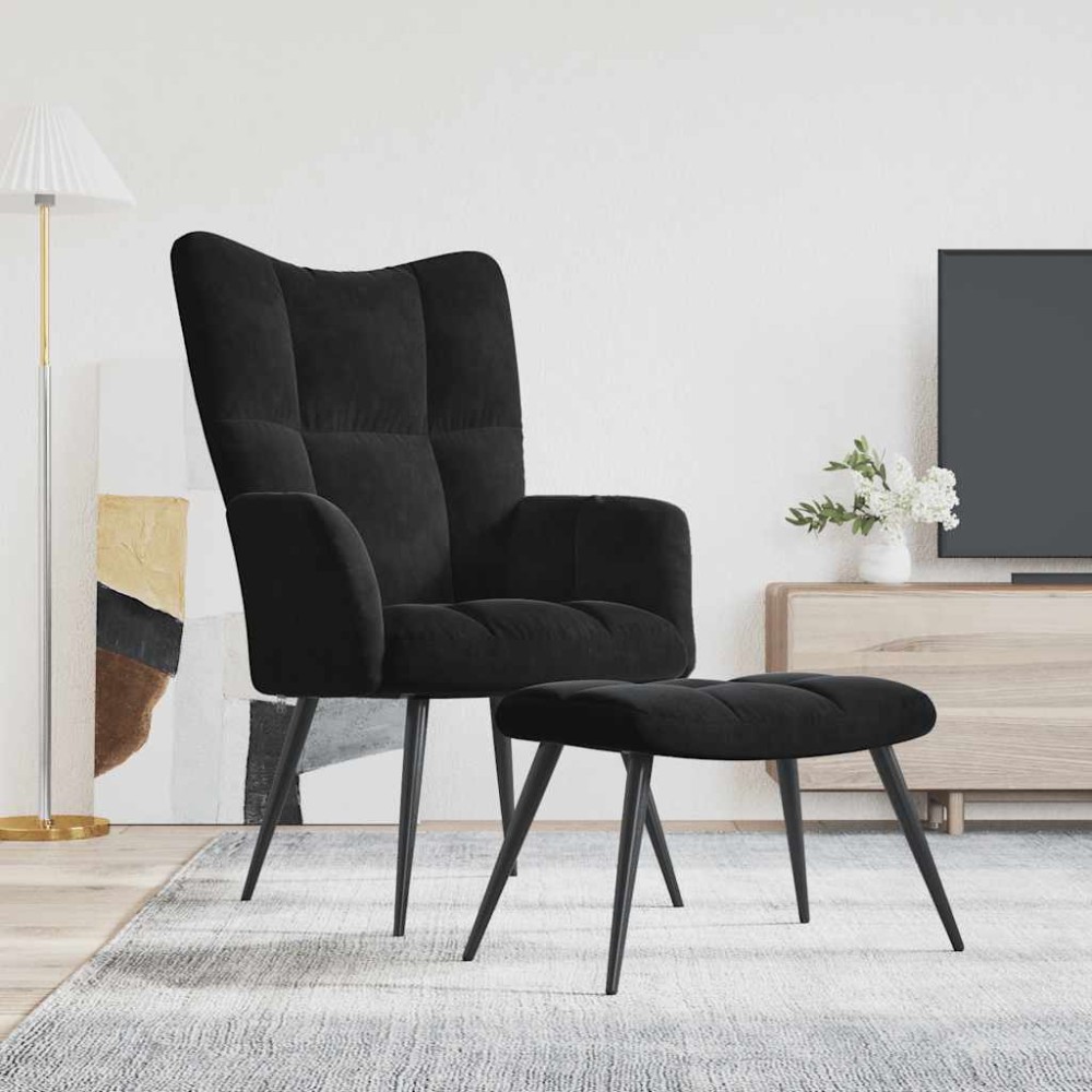 vidaXL Scaun de relaxare cu taburet, negru, catifea