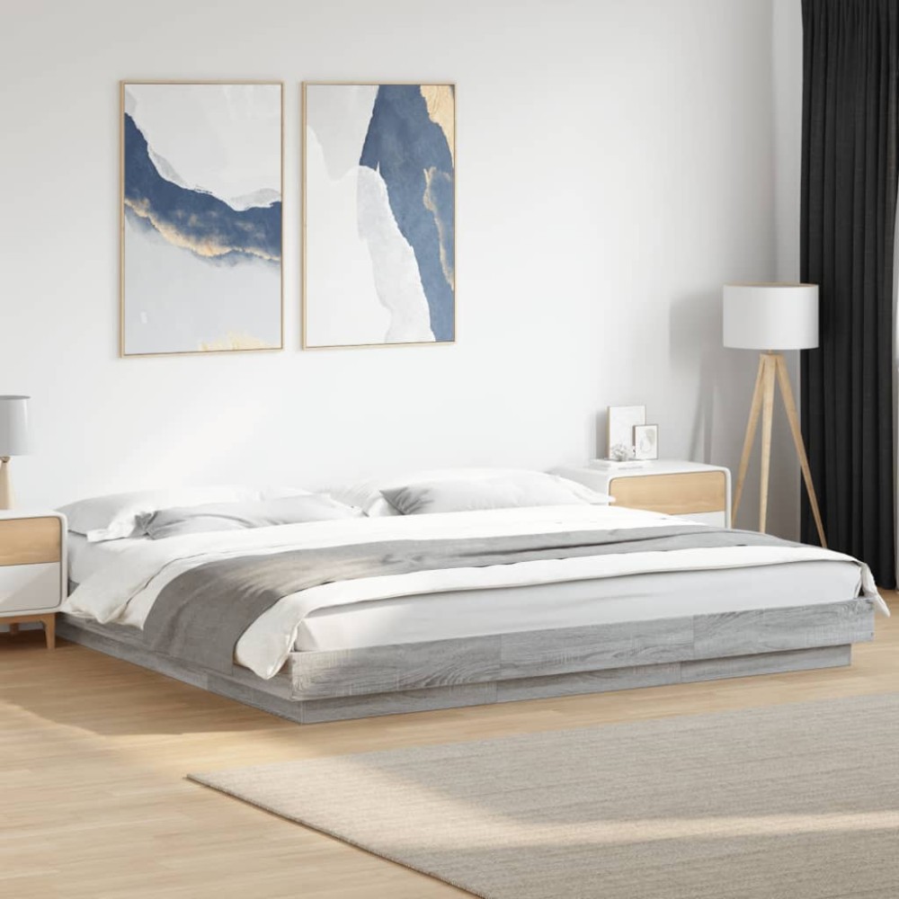 vidaXL Cadru de pat cu lumini LED gri sonoma 200x200 cm lemn prelucrat