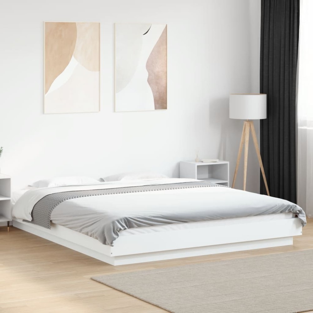 vidaXL Cadru de pat cu lumini LED, alb, 160x200 cm, lemn prelucrat