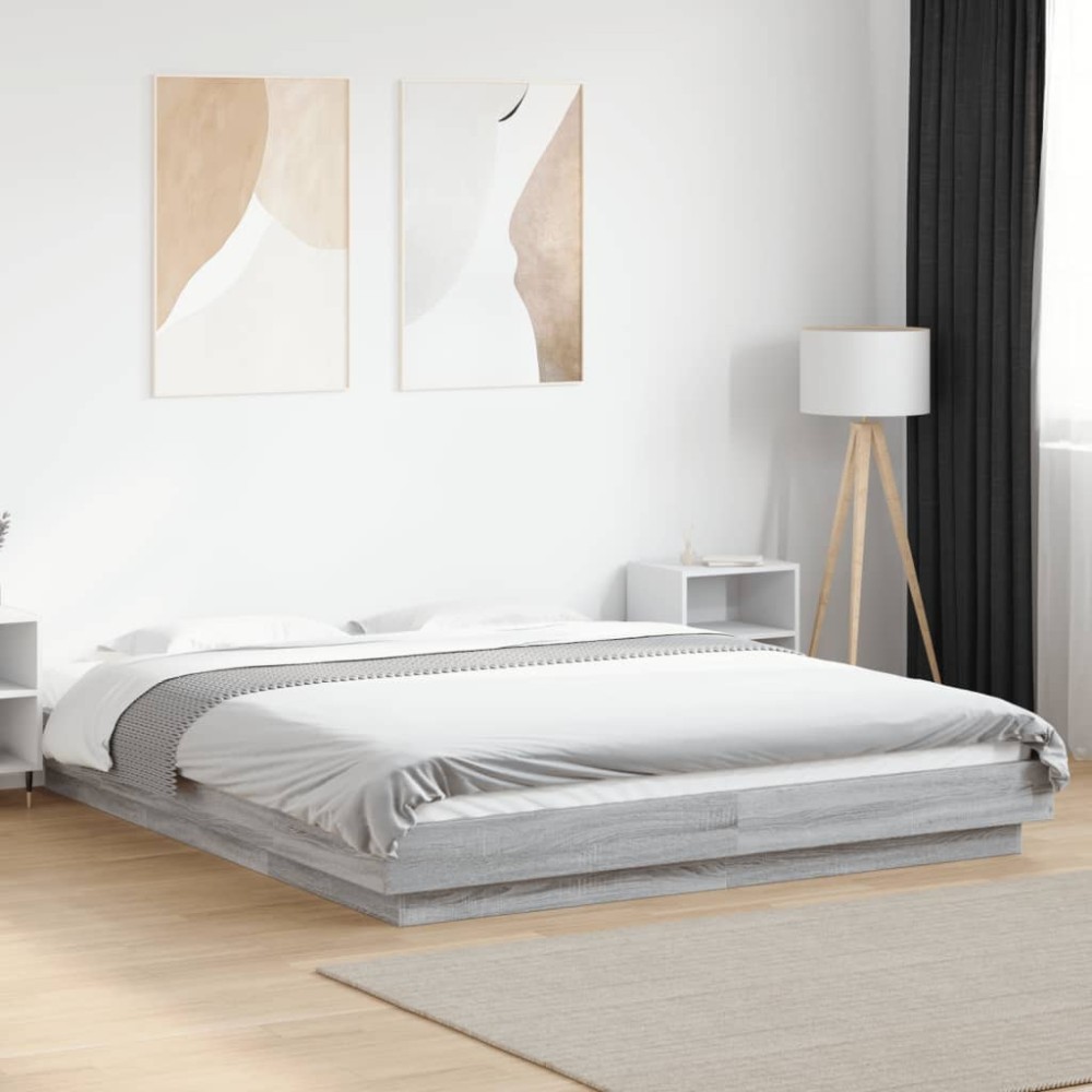 vidaXL Cadru de pat cu lumini LED gri sonoma 150x200 cm lemn prelucrat
