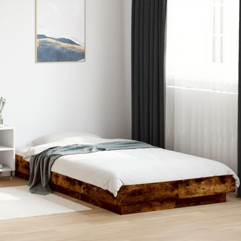 vidaXL Cadru de pat cu LED, stejar fumuriu, 100x200 cm, lemn prelucrat