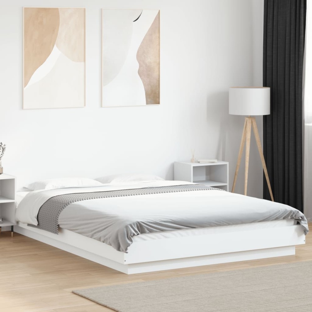 vidaXL Cadru de pat cu lumini LED, alb, 120x190 cm, lemn prelucrat