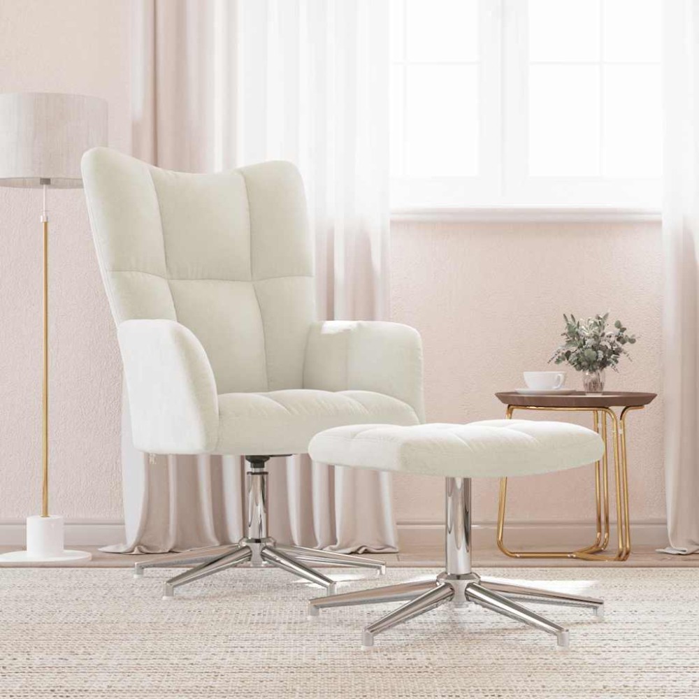 vidaXL Scaun de relaxare cu taburet, alb crem, catifea