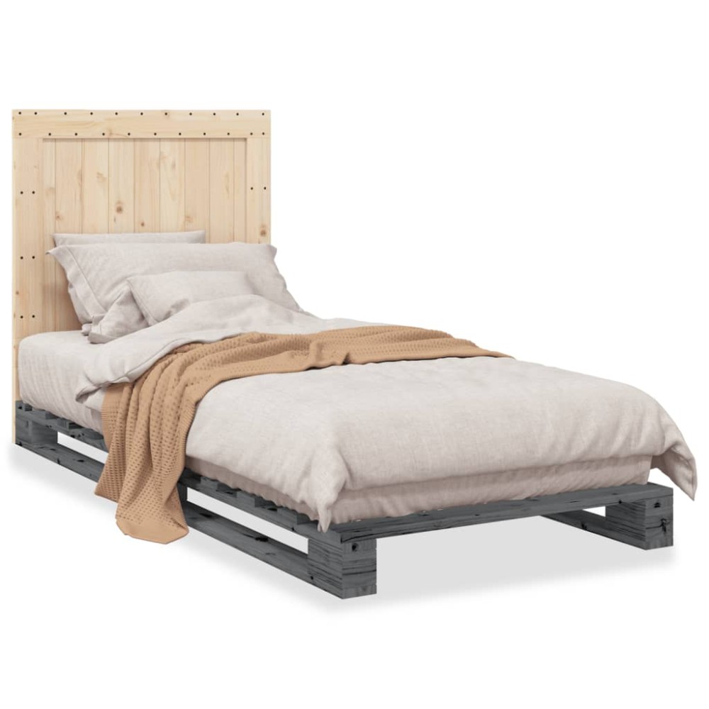 vidaXL Cadru de pat cu tăblie, gri, 90x200 cm, lemn masiv de pin
