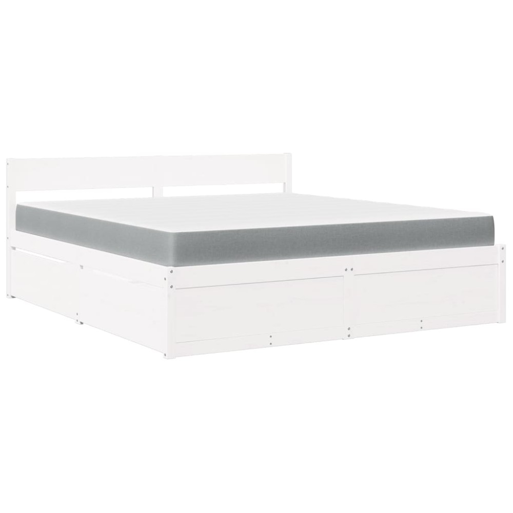 vidaXL Pat cu sertare și saltea, alb, 180x200 cm, lemn masiv pin