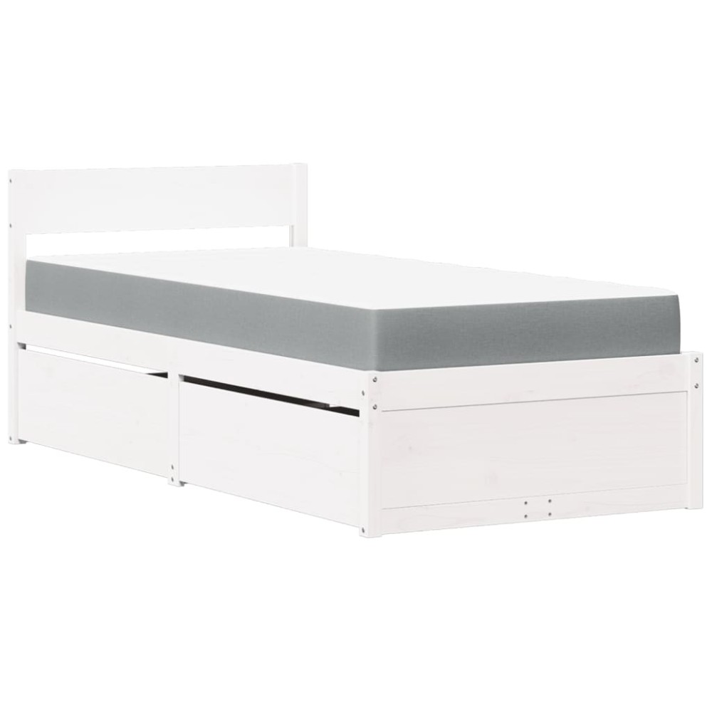 vidaXL Pat cu sertare și saltea, alb, 90x200 cm, lemn masiv pin